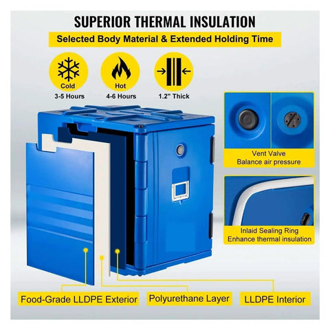 Insulated Food Pan And Front Load Catering Box With Wheels 90L Capacity showing thermal insulation layers and specifications.
