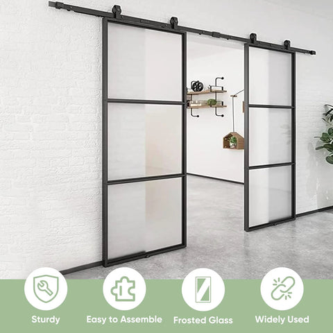 Two 36 Inch By 84 Inch Frosted Glass Barn Door Panels With Top Mounted Hardware And Soft Close Kit 72 Inch By 84 Inch Interior Sliding Glass Door In Black Carbon Steel Frame Dope Sleek Look installed view