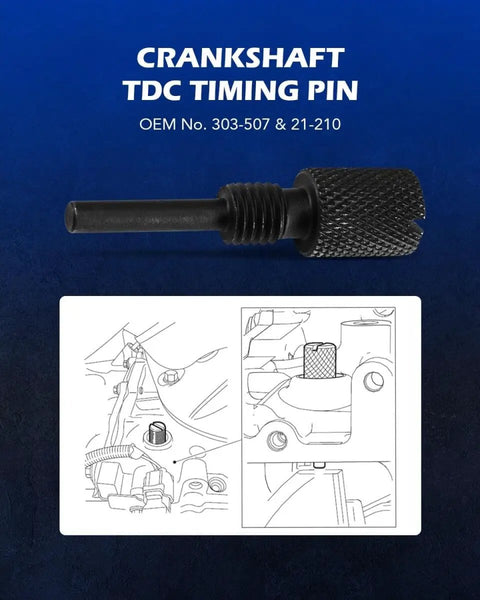 Pro Grade Must Have Camshaft Alignment Tools 3 Piece Cam Timing Belt Tool Set For Ford Mazda MZR Duratec Engines With Timing Pegs For 1994 2012 Contour Focus Escape Explorer Edge Cougar And More shown with crankshaft TDC timing pin and diagrams.