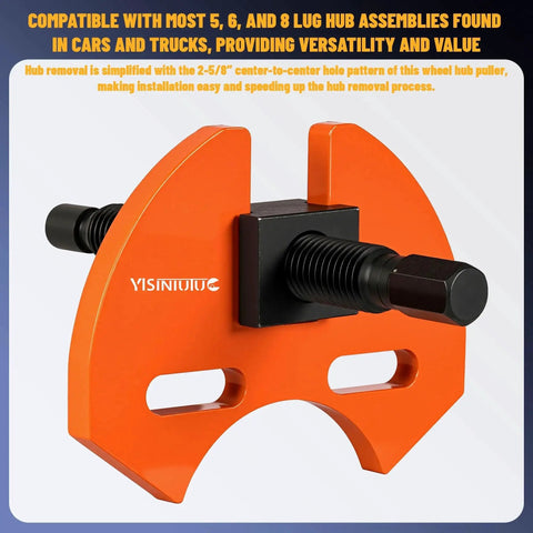 Universal Wheel Hub Removal Tool Set with dual screw feature for 5, 6, and 8 lug hubs on cars and trucks, emphasizing versatility.