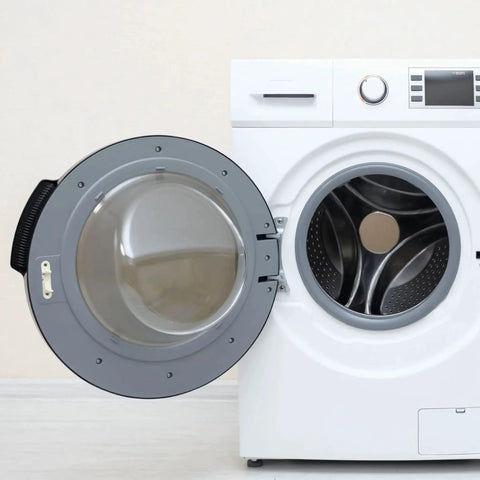 Front-loading washer with open door; gray door frame and visible stainless drum.