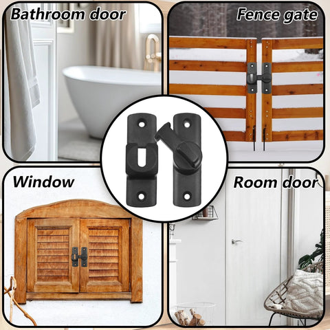 Black Barn Door Lock With 90 Or 180 Degree Flip Door Chain Lock A Versatile Security Sliding Lock For Bathrooms Garages Cabinets And Storm Doors No Fuss Install Sturdy Black Finish 1 Pack shown installed on bathroom, fence gate, window, and room door.