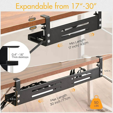Under Desk Cable Management Tray With 17 To 30 Inches Retractable Cord Organizer, Clamp Mount Wire Basket, office installation view.