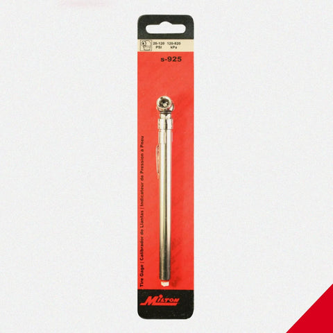 Milton S-925 pencil tire pressure gauge in red packaging, plated brass, with single-head chuck and built-in deflator.
