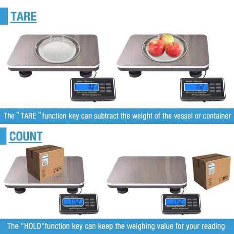 Beefy 660 Pound Postal Shipping Scale With 14 By 12 Inch Stainless Platform LCD Backlit Display showing tare and hold functions