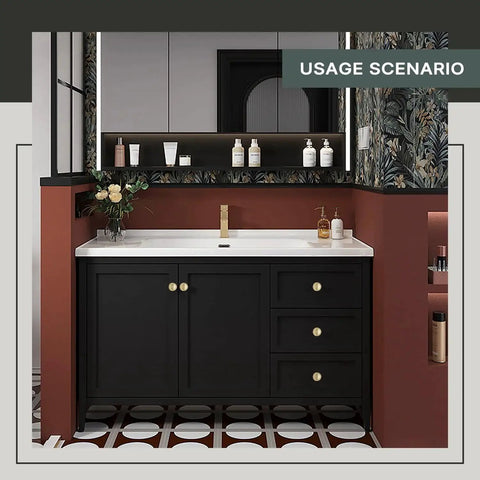 Bathroom vanity with 10 Pack Brushed Gold Ball Cabinet Knobs 1 Inch Diameter Zinc Alloy Drawer Pulls installed on black drawers.