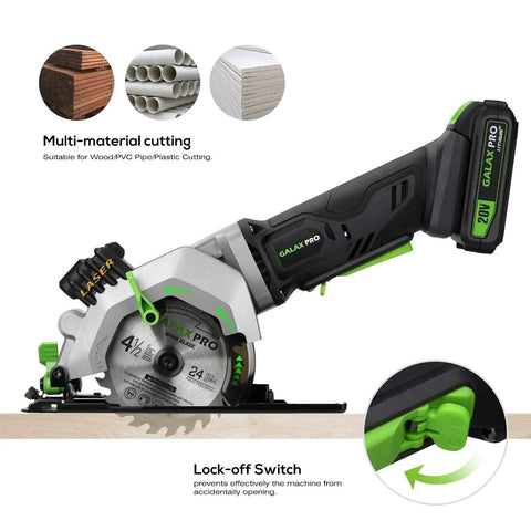 Tiny But Mighty 20V Cordless Mini Circular Saw With Laser Guide, Rip Fence, And Dual Blades For Quick, Precise Cuts In Wood, Soft Metal And More, 4-1/2 Inch Blade, 3400 RPM, 1-11/16 Inch 90 Degree Depth, 1-1/8 Inch At 45 Degrees, 2.0Ah Battery Included
