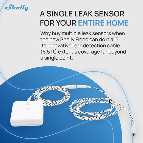 Flood Gen4 Smart Flood Sensor With Leak Cable WiFi Bluetooth Zigbee Matter shown with extended detection cable
