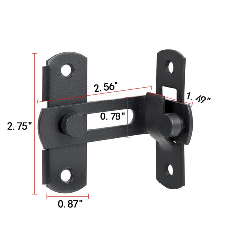 Matte Black 90 Degree Flip Barn Door Lock Latches, Stainless Steel Gate Latch, front view with measurements, 4 pack