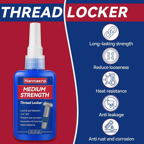 Blue And Red Thread Locker Kit For Nuts And Bolts Removable And Permanent Adhesive To Prevent Loosening From Vibration And Lock It Down Seals Tight And Prevents Leaks On Metal Fasteners Includes Medium 50 Ml Bottles Two And High Strength 50 Ml Bottle packaging showing medium strength bottle and features