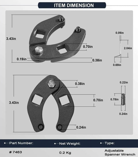 Adjustable Gland Nut Wrench For Hydraulic Cylinders, handy spanner with two-slot claw, item dimensions and design details shown