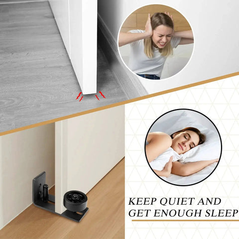4 Pieces Sliding Closet Barn Door Floor Guide Kit With Flush Wall Mount Design installed, shown supporting a sliding door for quiet operation