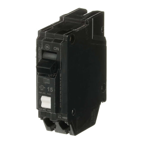 Single 15A 1-Pole 120/240V Combination Arc-Fault Circuit Breaker (AFCI), UL Listed, black Q-Line plug-in, compact design.
