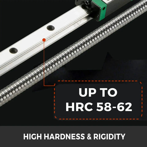 Close-up of Beefy HGR20 1500mm Linear Guide Rail Kit with a focus on high hardness and rigidity rating of HRC 58-62.