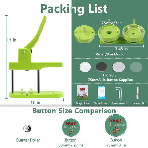 Front view of Happizza 75mm button maker in lime green with lever and base; DIY badge kit.