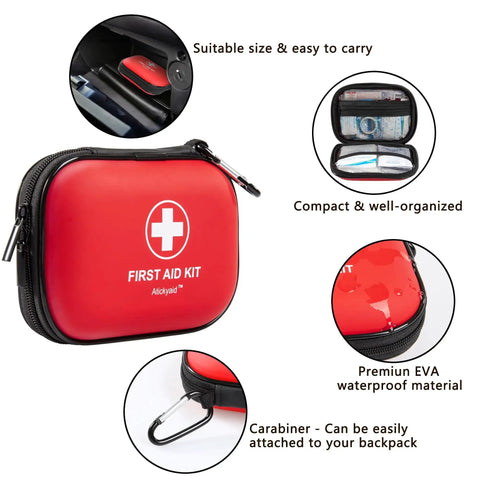 Compact red Mini First Aid Kit 120 Piece Waterproof Hard Shell Medical Kit with EVA material and carabiner for versatile use