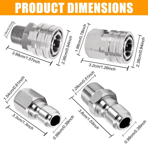 Durable One Quarter Inch Pressure Washer Quick Connect Fittings Kit Stainless Steel Couplers with dimensions shown.