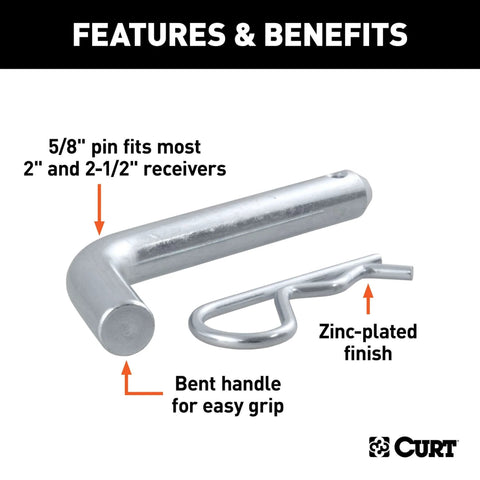 Five Eighths Inch Trailer Hitch Pin And Clip With Clear Zinc Finish Fits Two Inch And Two And A Half Inch Receivers No Hassle Grip