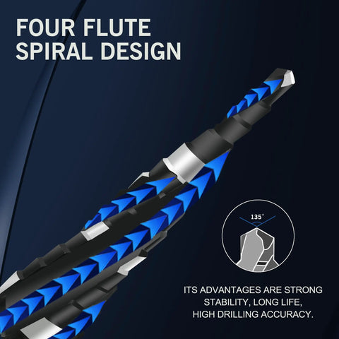 Close-up of four spiral flute TiAlN coated step drill bit for metal, stainless steel, aluminum, wood, and plastic.