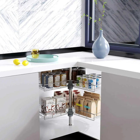 28 Inch Lazy Susan Cabinet Organizer for Blind Corner Cabinet with Kidney Shape Rotating Tray Turntable installed in kitchen corner