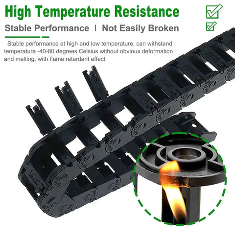 Flexible Drag Chain Cable Wire 10x15mm Internal Size Black Open Type showing high temperature resistance ability