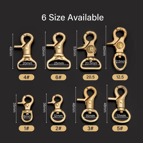 Solid Brass Trigger Snap Hooks Lobster Clasps Swivel Straps Bags Leathercraft in six sizes; 1# to 6#, with dimensions shown.