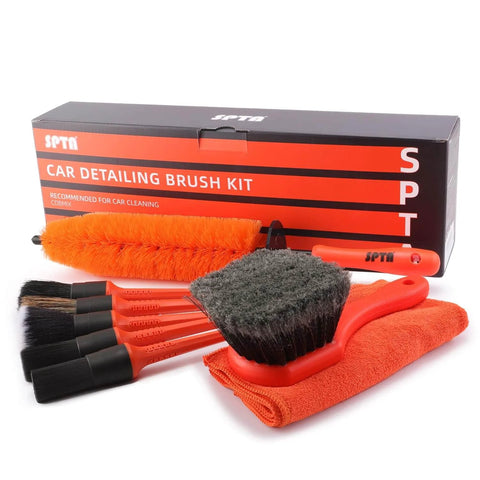 Ergonomic Wheel And Tire Detailing Kit With Easy Reach Rim Brush 5 Detailing Brushes And Microfiber Cloth Short Handle Cleaning Tools