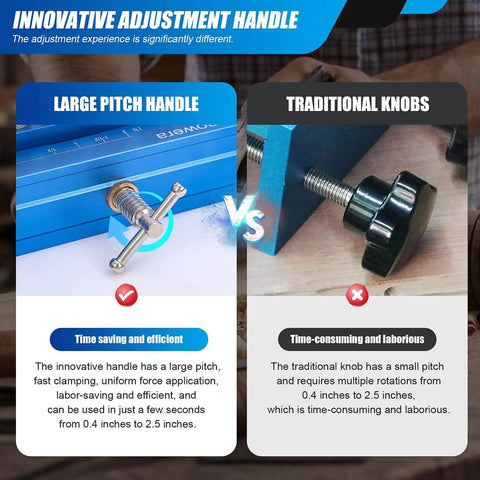 Comparison of large pitch handle and traditional knob from Adjustable Dowel Jig Kit And Biscuit Jointer Set With Four Titanium Step Drill Bits Four Drill Bushings Depth Stops Clamp And Guide For Serious Woodworking Joinery And Repeatable Precise Alignment