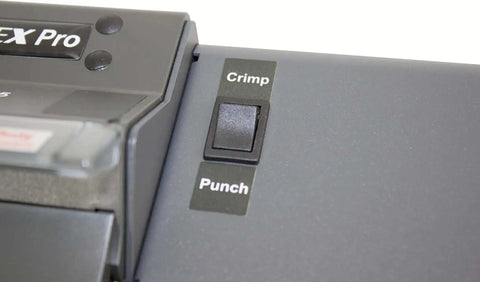 Close-up of control buttons on All-In-One Coil Punch, Electric Inserter and Electric Coil Crimper for Oval Holes, 4:1 Pitch, 25 Sheets