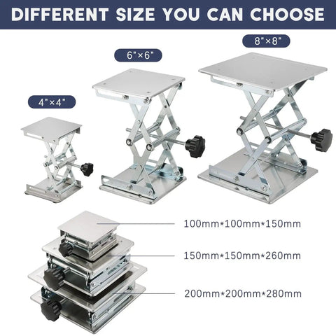 Different sizes of stainless steel lift tables with hand wheels, showing 6x6 platform among other options.