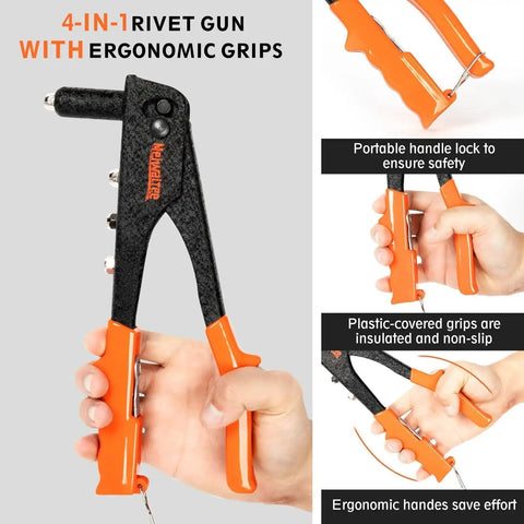 Heavy Duty Pop Rivet Gun Kit With 200 Rivets And 4 Interchangeable Nosepieces For Metalwork Auto Body Gutters And DIY Projects