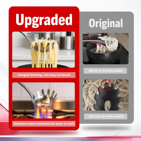 Comparison of 304 Stainless Steel Spaghetti Server With Teeth and traditional plastic server, highlighting durability and material.