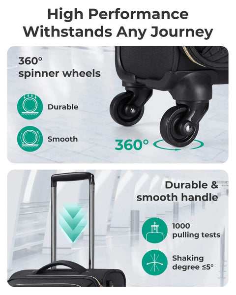 Close-up of 360° spinner wheels and handle of underseat carry-on luggage for air travel, 16 inch black softside case