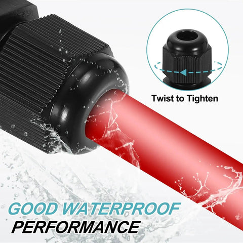Close-up of PG29 Nylon Cable Glands Two Pack Waterproof Cord Grip shows twist-to-tighten feature for adjustable wire grommet protectors.