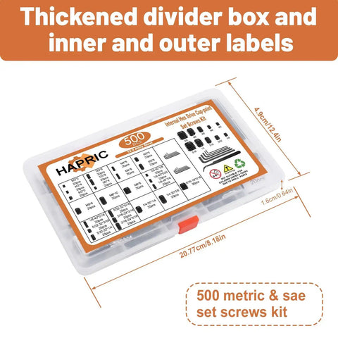 Hardworking 500 Piece Set Screw Kit With 25 Sizes Metric And SAE For Everyday Repairs visible in a labeled storage box