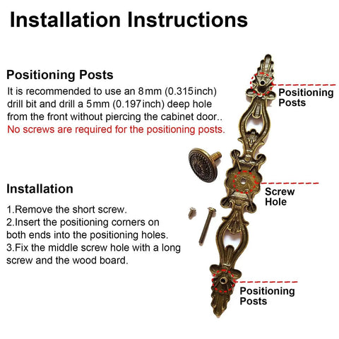 Installation instructions for Vintage Bronze Patina Finish Cabinet Hardware Set Of 10 6.3 Inch Post Spacing Retro Flower Pattern Bar Pulls.