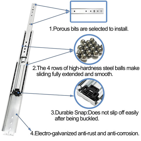40 Inch Heavy Duty Drawer Slides Set With Screws, 500 Lb Capacity, Side Mount Full Extension, details on ball bearings and snap.