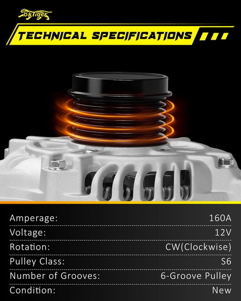Close-up of 6-groove pulley on 160 Amp Beefed-Up Alternator for Jeep Cherokee 2014-2019, Compass 2017-2022, Renegade 2015-2021.