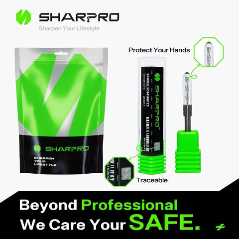 Sharpro tool package with green safety features, labeled 'Protect Your Hands' and 'Traceable' highlighting safety and quality.