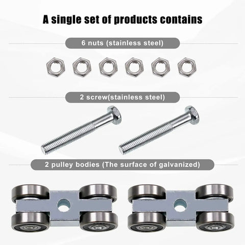 4 Wheel Trolley Assembly With Silent M10 Bolts And Nuts including 6 nuts, 2 screws, and 2 galvanized pulley bodies