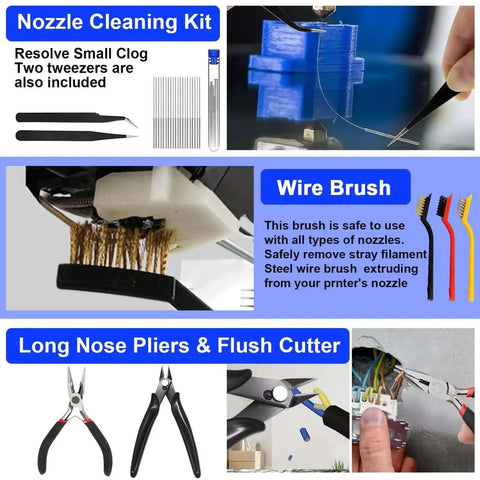 Nozzle cleaning kit, wire brush, and pliers from Must Have 158 Piece 3D Printing Tool Kit With Nozzle Cleaning Kit Deburring Tools Digital Caliper Mini Rotary Tool Smoothing Tools And Printer Finishing Accessories For Clean Precise Prints displayed with tools and demonstration.