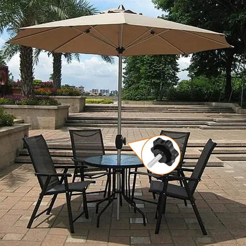 M6 20mm Star Hand Knobs Set Black Plastic Hex Clamping For Umbrella Bases installed on outdoor umbrella stand.