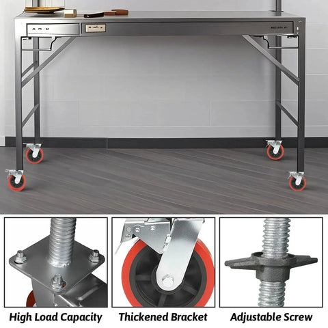 4 Pack 6 Inch Leveling Scaffolding Wheels With 360 Degree Rotating Casters And Dual Locks on workbench, adjustable height feature