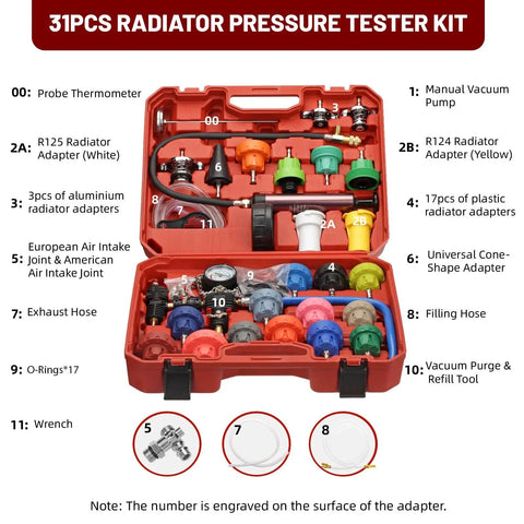 Open kit showing Coolant Vacuum Refill Kit With 23 Radiator Adapters And 31 Piece Tool Set Pressure Tester For Radiator Cooling System Vacuum Purge Tool And Diagnostic Kit For DIY Auto Maintenance By HZAUTOS