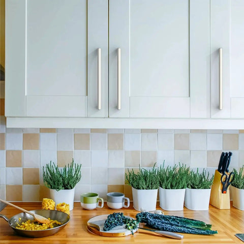 10 Pack 5 Inch Brushed Satin Nickel Cabinet Pulls For Cupboards And Drawers installed on white kitchen cabinets