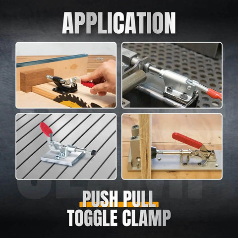 Four Pack Push Pull Toggle Clamps With Quick Release Lever 500 Lb Holding Capacity 305mm Stroke Iron Base Workhorse Clamp Set