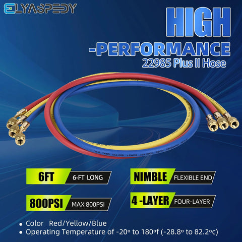 Manifold hose set, 6 ft, red/yellow/blue refrigerant hoses, 1/4 in flare ends, 800 psi, pack of 3