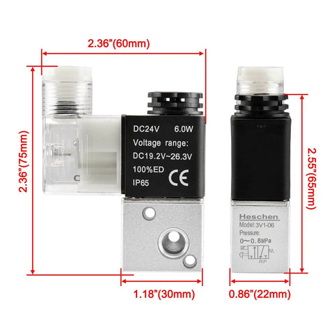 Electrical Pneumatic Solenoid Valve 3V1-06 With 24VDC Coil, PT1/8 Inch Port, front and side view, measurement details visible