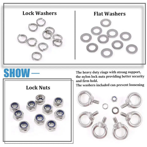 304 Stainless Steel M8 Eye Bolts Beefy Lifting Ring Set with Lock Nuts, Flat and Lock Washers for Secure Load Connections