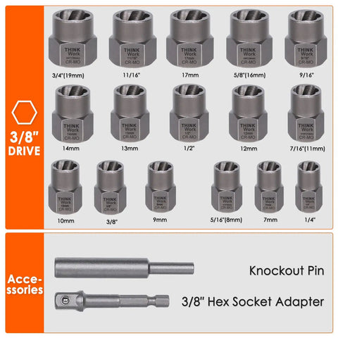 Heavy Duty Bolt Extractor Kit For Damaged Nuts And Bolts 18 Piece Set With Three Eighths Inch Drive Lug Nut Removal Tool For Rusted Stripped Fasteners Made Of Chrome Molybdenum Steel Thinkwork with various socket sizes and accessories visible.
